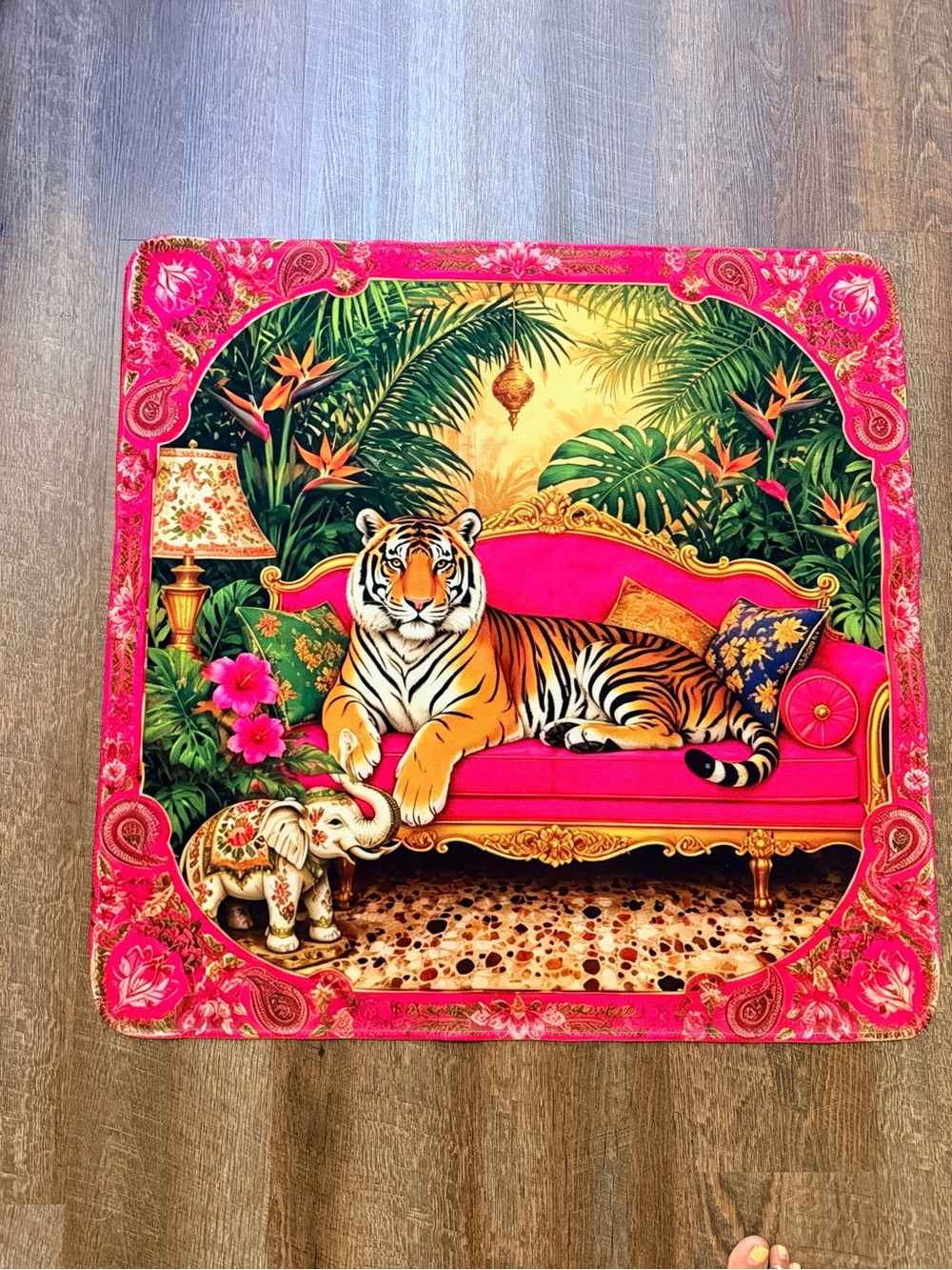 Vibrant Pink & green tiger  mahjong mat 31” build your tablescape!